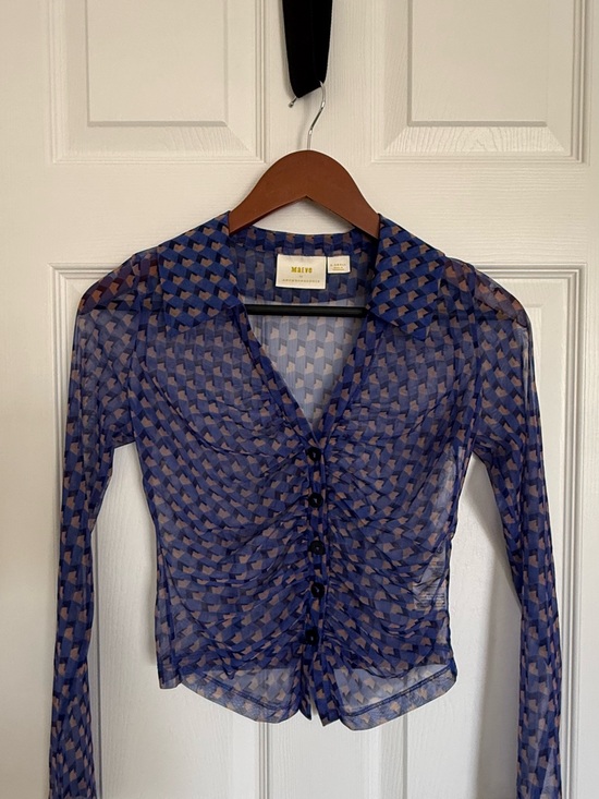 Maeve Tops - Maeve Navy and Tan Geometric Sheer Button-Front Shirt